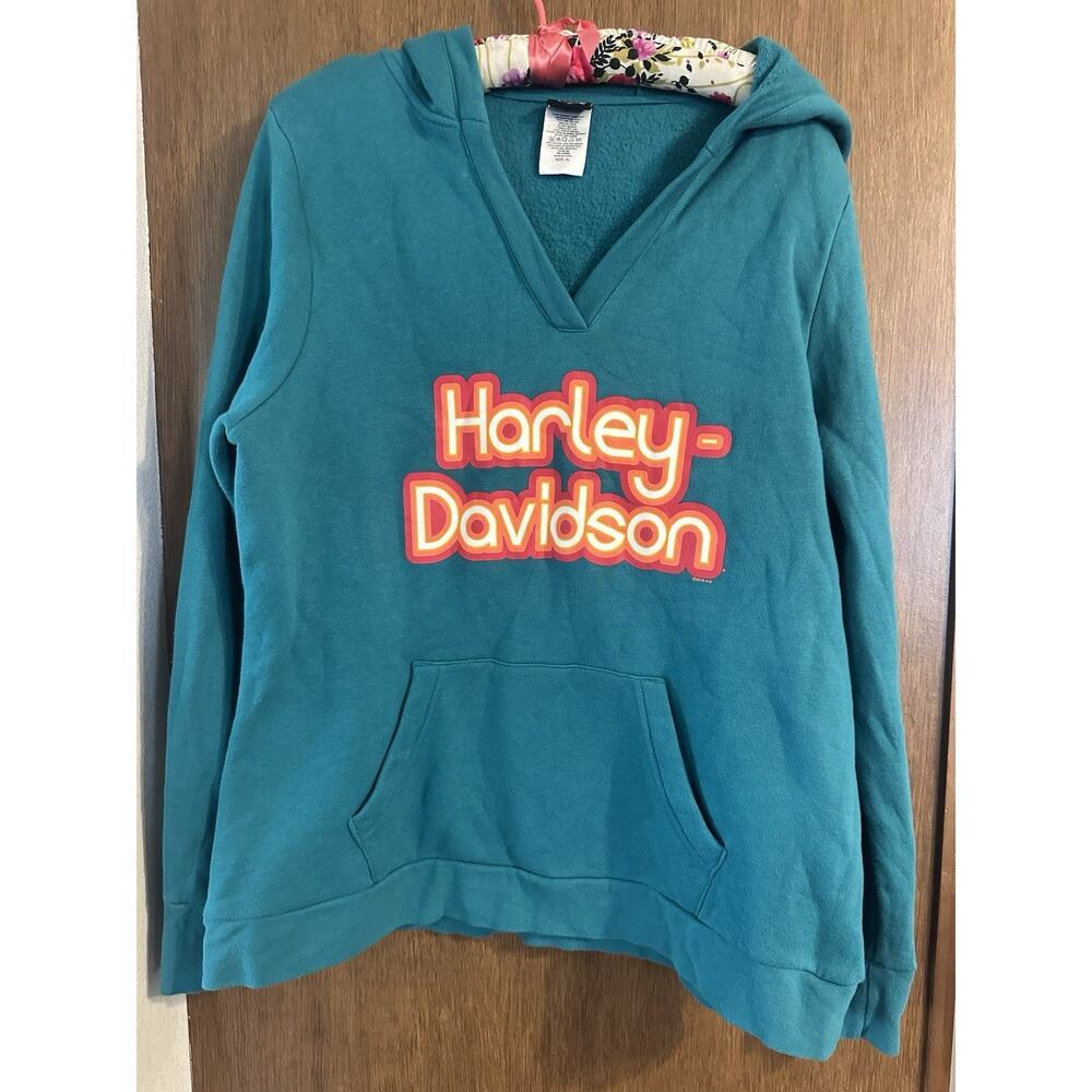 HARLEY-DAVIDSON Womens Teal Logo Vneck Pullover Hoodie Sz XL El Paso, TX on back